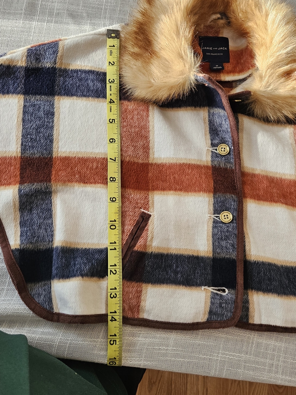 Janie and Jack Plaid Poncho Cape Coat Faux Fur Collar 2T Rust Brown Cream - Picture 13 of 13